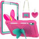 WESADN for iPad 10th Generation Case 2022 for Kids Girls with Screen Protector/Butterfly Kickstand/Lanyard/Keychain/Pencil Holder Shockproof Rugged Tablet Cover for iPad 10th Gen 10.9'' Rose Red