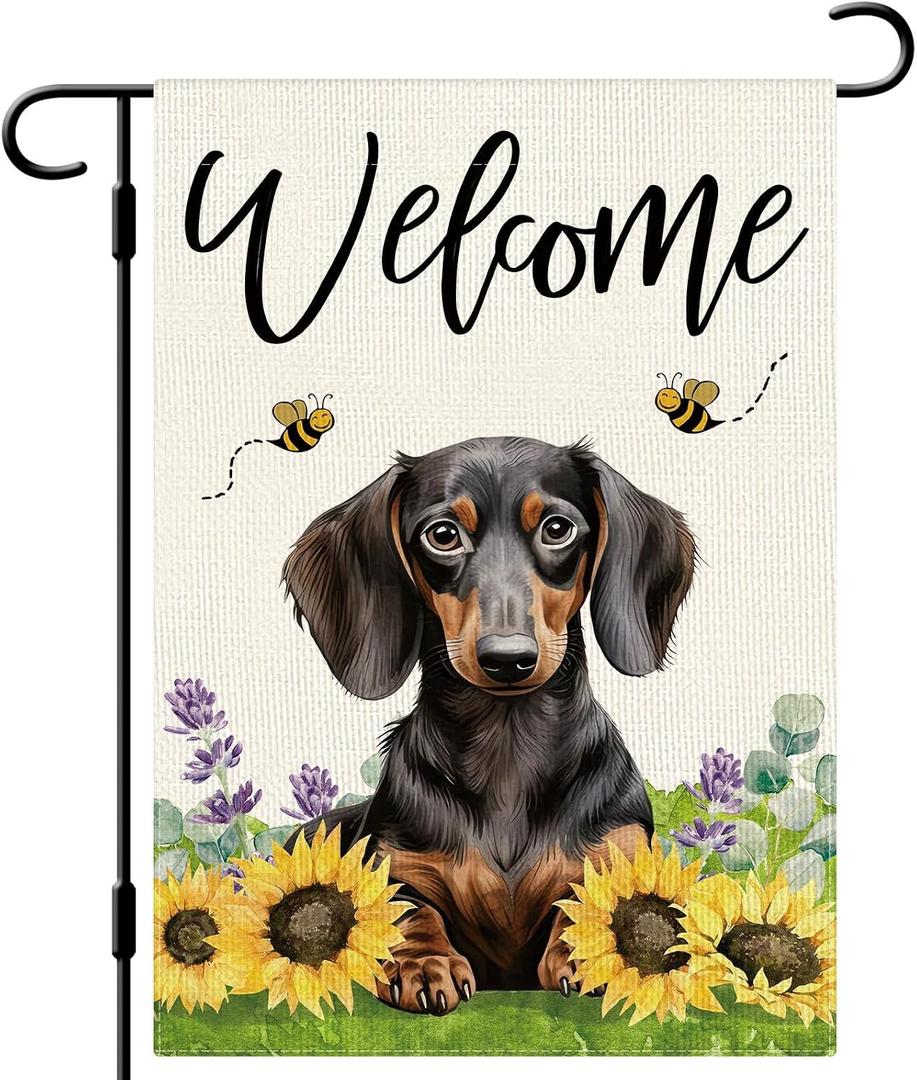 DLZDN Summer Sunflower Dachshund Dog Garden Flag 12×18 Inch Double Side Vertical Burlap Farmhouse Yard Sign Seasonal Outdoor Decoration