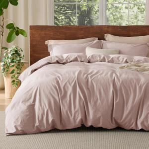 Bedsure 100% Washed Cotton Duvet Cover Queen Size - Petal Pink Minimalist Cotton Duvet Cover Linen Like for All Seasons - GentleSoft Plain Simple Bedding, 3 Pieces (Petal Pink, Queen, 90"x90")