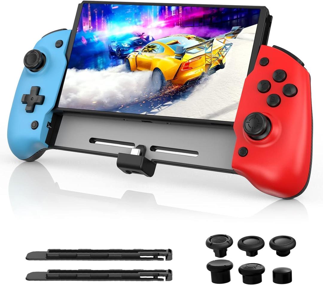 NexiGo Hall Effect Gripcon (No Drift, No Deadzone) with Hall Sensing Joystick for Nintendo Switch/Switch OLED, Ergonomic Handheld Mode, 6-Axis Gyro, Mapping Function, Classic (BLU-RED)