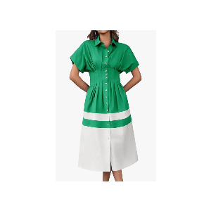 Wenrine Womens Summer Button Down Shirt Dress Casual Color Block V Neck Short Sleeve Corset Maxi Dresses Size L