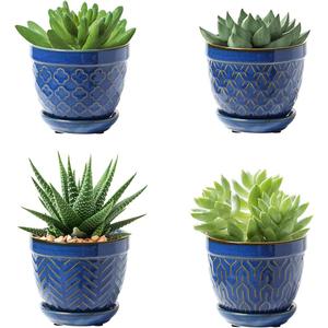 Sureasy Succulent Pots, 3.5 Inch Flower Pots for Indoor Plants, Small Plant Pots with Saucer & Drainage, Decorative Ceramic Planters for Succulent, Cactus, Set of 4, Blue