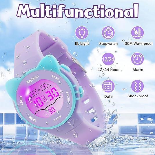 Ayybboo Kids Digital Watches for Girls Boys, 7 Color Lights Waterproof Cute Wristwatches for Kids with Alarm Stopwatch, Great Present for Girls Boys Ages 513