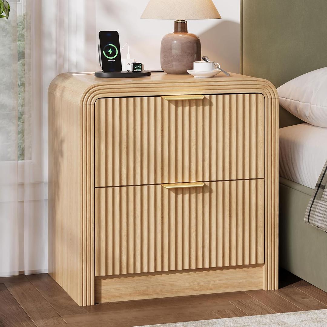 Decofy 23'' Wide Fluted Nightstand with 2 Large Drawers & Charging Station | Beside Table with Drawers & Open Shelf, Mordern Large Night Stand with Curved Corners, Wood End Table for Bedroom