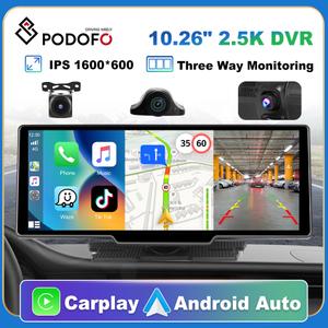 Podofo 10'' Dash Cam Rearview Camera Carplay & Android Auto 2.5K Video DVR Navigation Recorder Dashboard Car Mirror 24H Park AUX