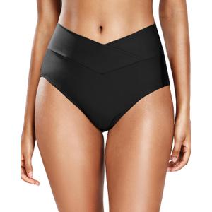 Women V Cut Full Coverage Bikini Bottom - High Waist Swim Bathing Suit Bottoms Cross V Front Swimsuit (Black, XXL)