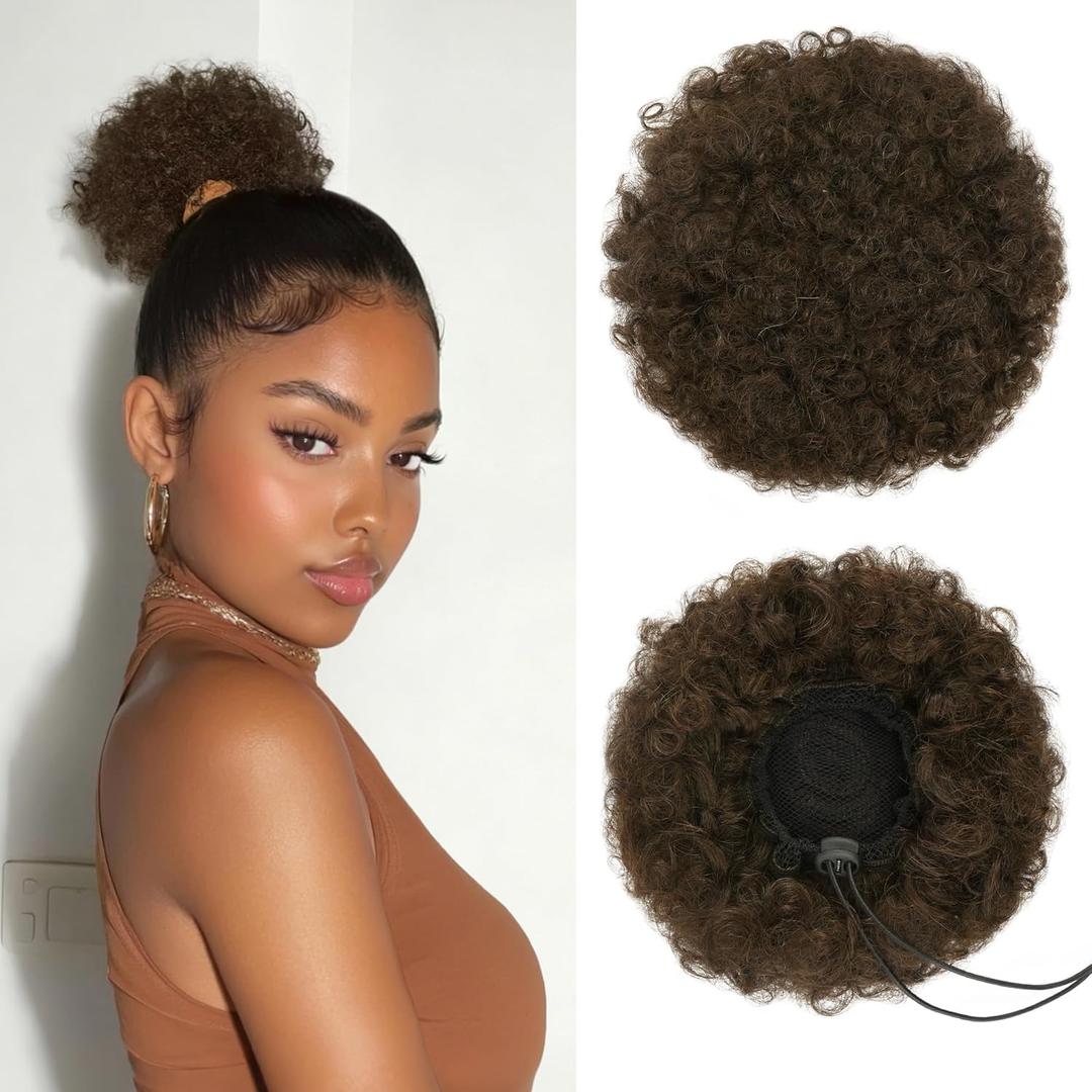 100% Human Hair Afro Puff Drawstring Ponytail for African Black Women Girls丨Short Afro Curly Bun丨Kinky Curly Short Extensions Hairpieces - 2# Dark Brown Small Size