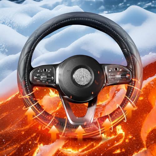 Heated Steering Wheel Cover - WARMITORY Luxury Steering Wheel Heater, 12V Quick Hand Warmer, 14.5-15 inches (Leatheret PU) (Jade Black)