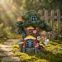 Fairy House Garden Outdoor Decor, Large Garden Gnome House and Fairy Figurines with Solar Lights Waterproof Resin Ornaments Decorations for Patio Yard Lawn