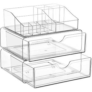 Vtopmart 3 Tier Clear Makeup Organizer with Drawer, Cosmetic Storage for Dresser Countertop and Bathroom Vanity, Beauty Holder for Lipstick Brush Skincare