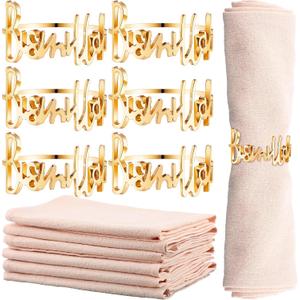 6 Set Eid Gold Napkin Rings and Cotton Napkins Bismillah Letter Metal Napkin Buckles Eid Dinner Cloth Napkins Muslim Table Decoration for Ramadan Party Islamic Holiday Wedding(Beige)
