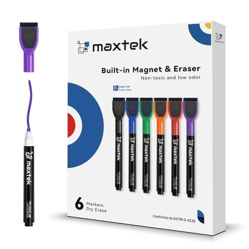 maxtek Dry Erase Markers - 6 Count Colorful Magnetic Dry Erase Markers Fine Tip with Eraser, Low Odor Whiteboard Markers for Calendar Boards