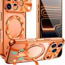 for iPhone 17 Pro Max Case with 360 Spin Stand & CD Metal Ring | Military-Grade Shockproof | Compatible with MagSafe & Camera Lens Protection | Slim Clear Back & Plating Anti-Yellowing (Orange)