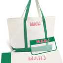 3 Pcs Empty Mahjong Canvas Bag Gift Embroidered American Mahjong Set Incl Tiles Bag and Racks & Pushers Drawstring Bags(Green,Regular)