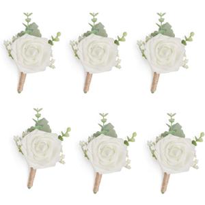 Ivory Rose Boutonniere with Eucalyptus for Men, Set of 6, Wedding flower Boutonnieres with Pins for Groom and Best Man Wedding Ceremony Anniversary, Homecoming Prom Party (Timeless Ivory)