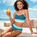 Girls Bathing Suit Color-Block Adjustable Straps Bikini Sets Girls Two Piece Swimsuits with Chest Pad Swimwear 13-14Y
