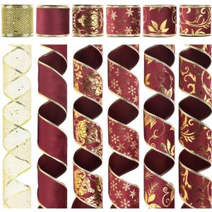 AIMUDI Burgundy Christmas Velvet Ribbon 2.5" Burgundy and Gold Wired Ribbon for Christmas Trees Wreaths Gift Wrapping Garlands Crafts Topper Bow - 6 Rolls 36 Yards