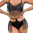 SweatyRocks Women's Fringe Cut Out Lace Bra and High Waist Panty Sets 2 Piece Sexy Lingerie (Black, L)