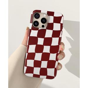 for iPhone 15 Pro Max Case 6.7 Inch, Trendy Checkered Aesthetic Cute Girly Design for Women & Girls, Checkerboard Pattern Phone Case, Slim Fit Silicone Protective Cover, Red and White