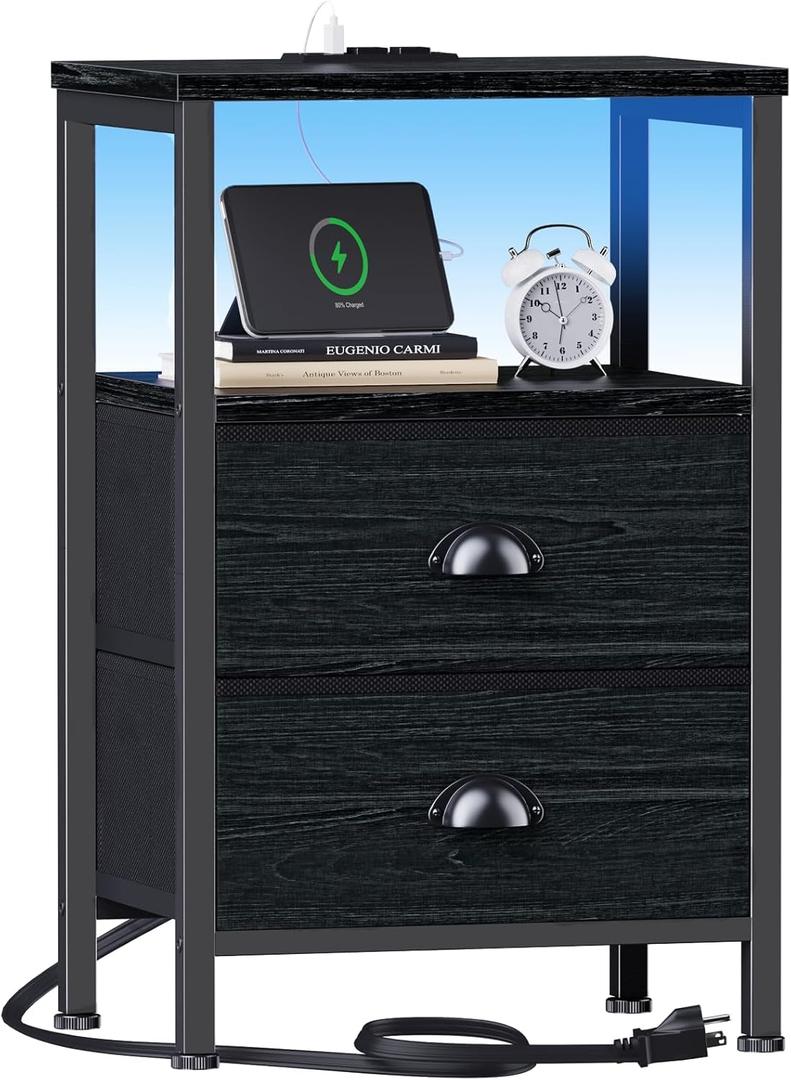 Furologee Nightstands with Charging Station, End Table with LED Lights, Black Night Stands with 2 Fabric Drawers, Bedside Tables with Shelves for Living Room/Bedroom,Black Oak