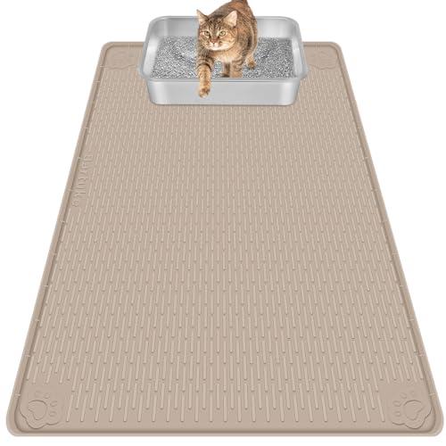 Bartuke Cat Litter Mat, Extra Large 40" x 28" Silicone Mat Litter Trapping Mat for Scatter Control, Soft on Kitty Paws, Easy to Clean (Khaki)