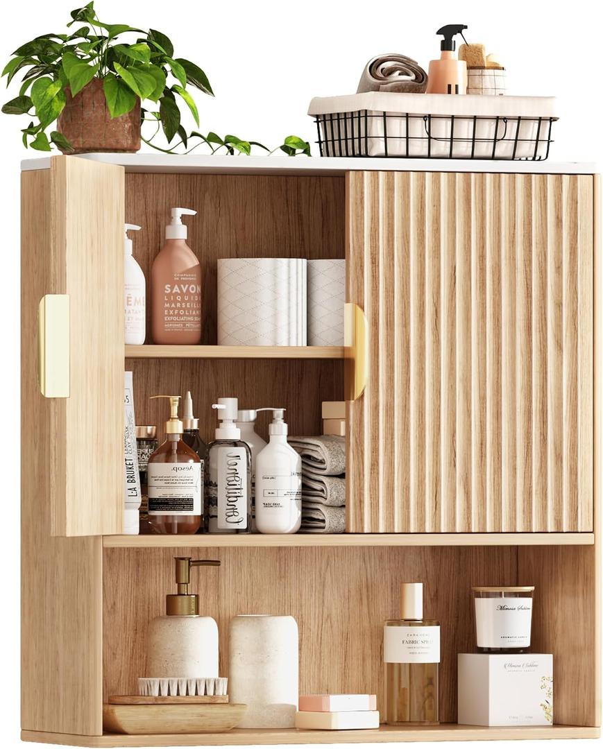 Bathroom Wall Storage Cabinet, Over the Toilet Storage Cabinet with Fluted Doors & Adjustable Shelf, Wood Medicine Cabinet Wall Mounted for Bathroom, Laundry Room & Kitchen, Natural Oak