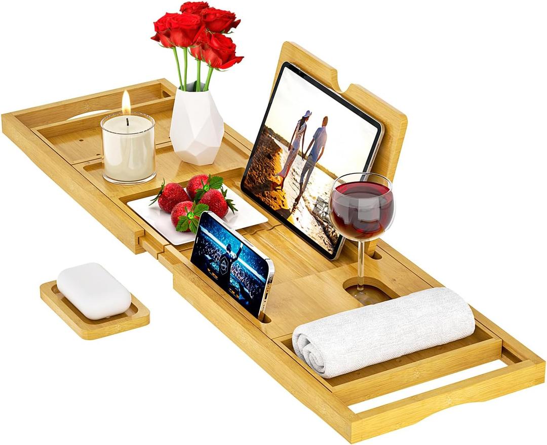 Premium Bathtub Tray Caddy - Bath Tray Bamboo Expandable - Bath Tub Tray Table for Bathtub - Expandable Size, Fits Most Bath Tubs - Natural Bamboo Wood