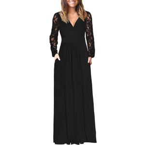 AUSELILY Womens Long Sleeve Maxi Dress 2026 Fall Lace Long Sleeve Dress V Neck Wrap Waist Long Dresses with Pockets (Large, Black)