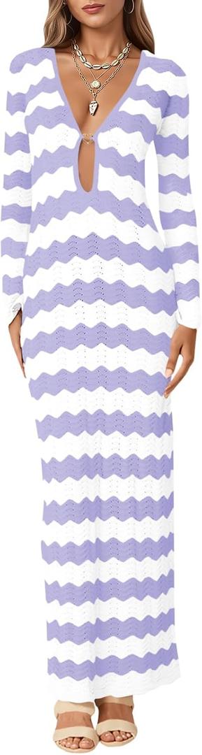 Saodimallsu Womens Crochet Summer Maxi Dress Striped Sexy Cut Out V Neck Long Sleeve Knit Cover Up Beach Dresses (Purple)