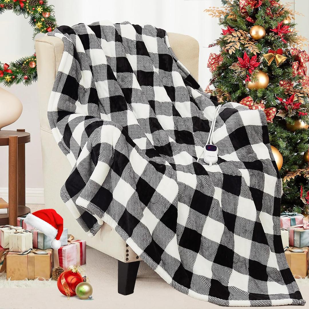 HomeMate Electric Blanket Heated Full Size - 72x84 Ultra Soft Cozy Flannel Heating Blanket with 10 Fast Heat Levels 8 Hours Auto Off Over-Heated Protection ETL Certification Keep Warm in Home Office (Black-white)