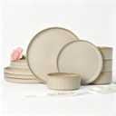 Stoneware Dinnerware Sets, Plates and Bowls Sets for 4, 12-Piece Ribbed Dishes Chip & Scratch Resistant, Microwave and Dishwasher Safe Tableware, Beige