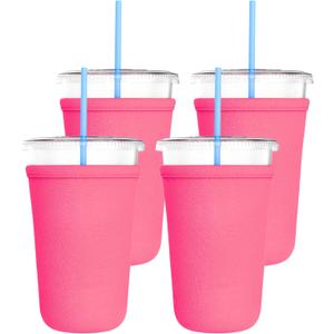 TahoeBay Iced Coffee Cold Cup Sleeve (4-Pack) Reusable Blank Neoprene Insulator Drink Sleeves 22oz - 24oz Beverage Holder for Vinyl Sublimation fits Dunkin' Medium and Starbucks Venti (Color: Hot Pink)