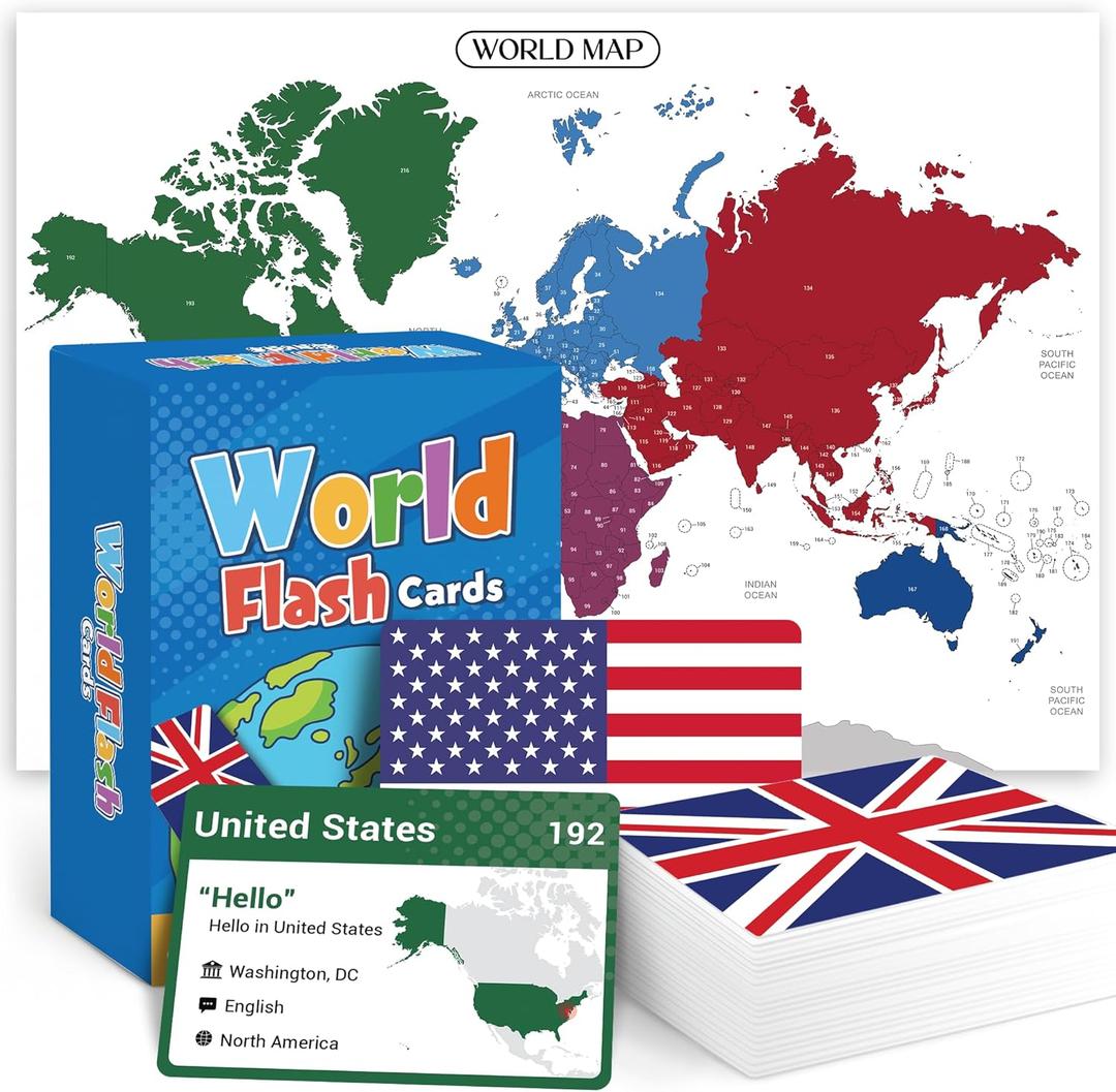 World Flags Flashcards, 245 Countries Flags, Geography Game with World Map - Educational Games for All Ages, Family, Adults, Classrooms & Homeschool, Gift for Teenage