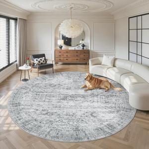 Soalmost 8x8 Grey Round Rug 8ft Living Room Circle Rug Vintage Round Area Rug Non Slip Indoor Carpet for Apartment