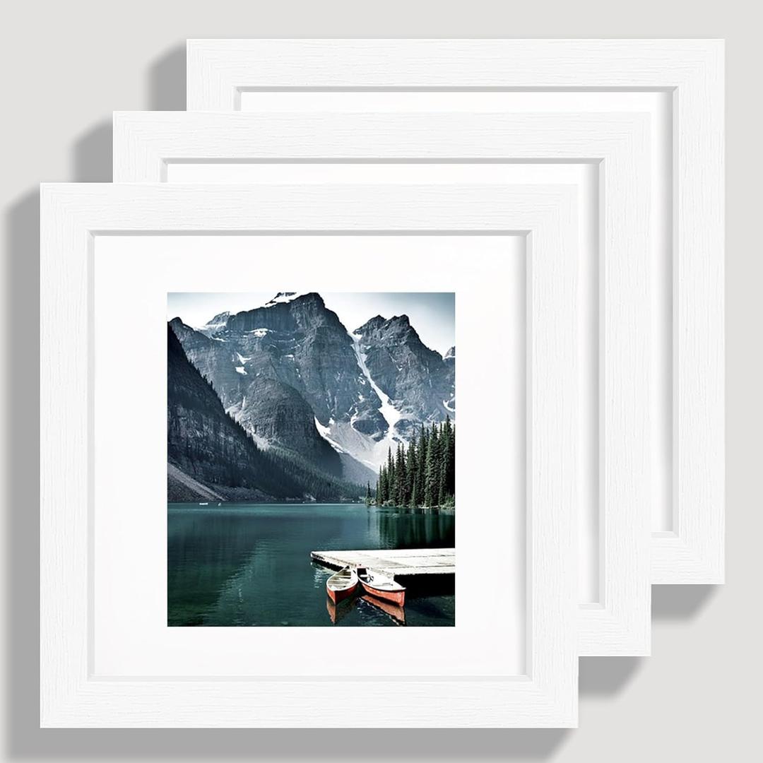 Hongkee 6x6 White Picture Frames set of 3, Made of Wooden and Real Glass Square Photo frame - Displays 4x4 Picture With Mat or 6 x 6 Without Mat, Desktop & Wall Collage Frame set