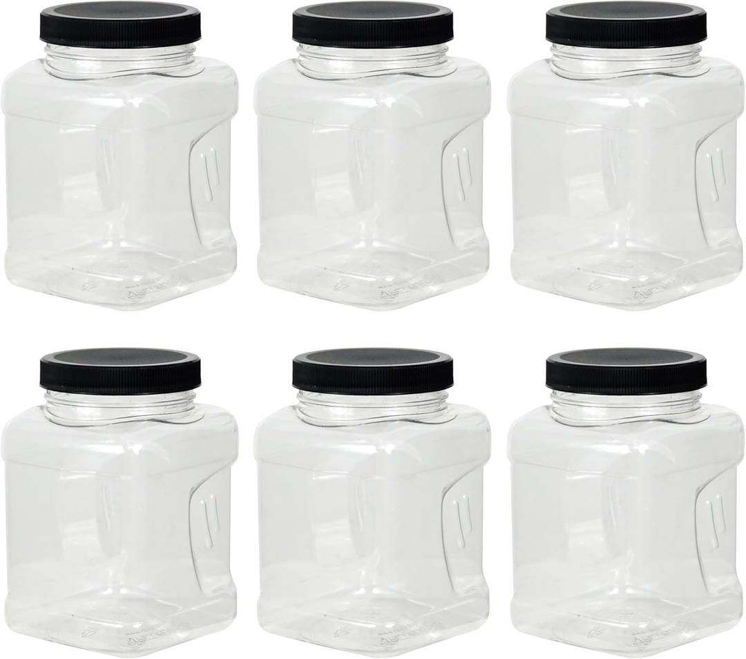 16 Fluid Ounce Square Jar with Handle & Black Lid (Pack of 6), Pantry Organization & Storage, Plastic Storage Container with Lid