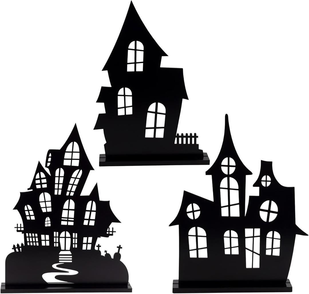 AuldHome Design Spooky Halloween House Village Silhouettes (Set of 3); Scary Haunted House Wood Statue Figurines Centerpiece Set