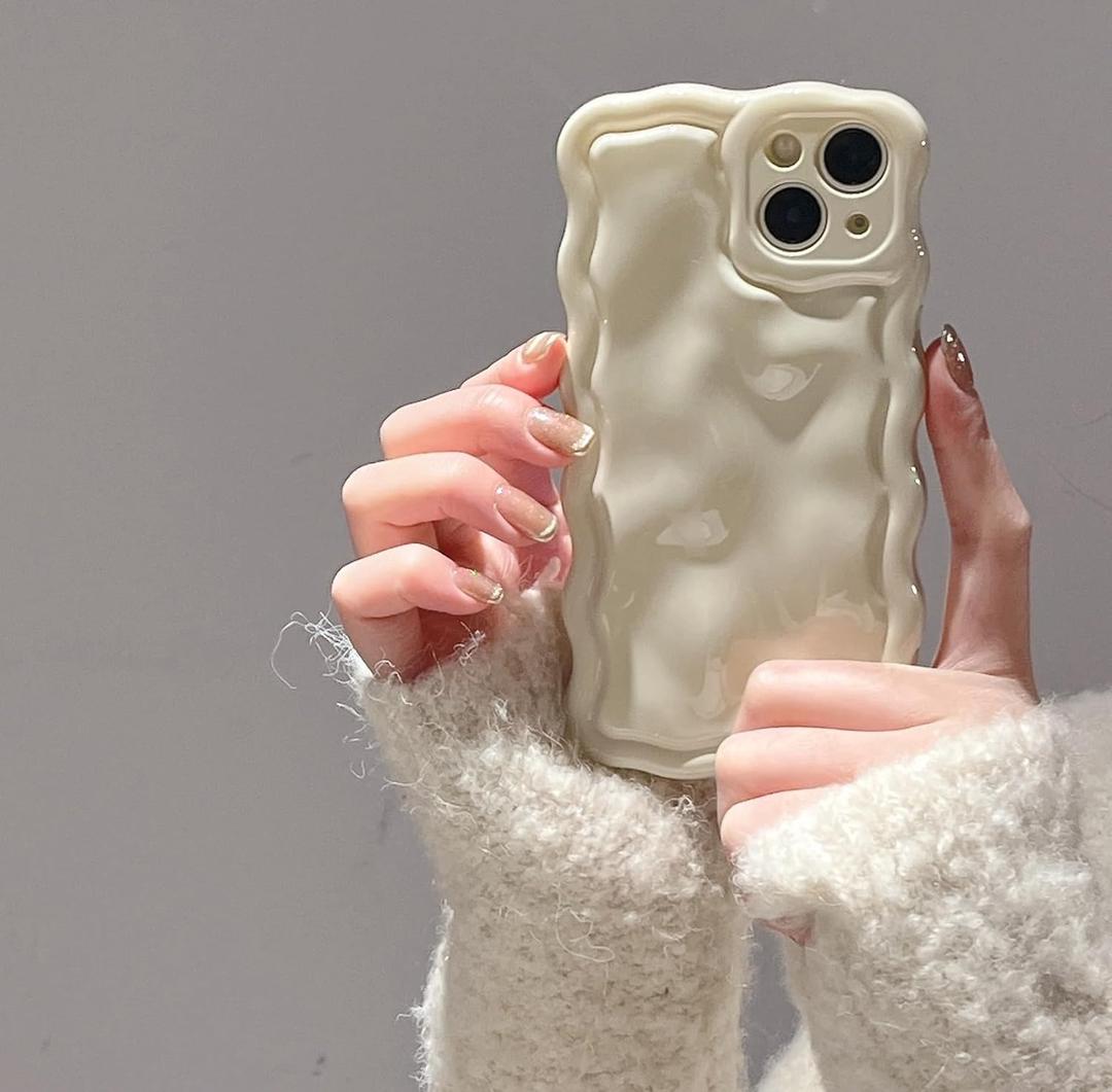 FABSPARK Case for iPhone 14,Cute 3D Solid Color Meteorite Bubble Water Ripple Curly Wavy Frame Case,Soft TPU Shockproof for iPhone 14 6.1 Inch,Cream White