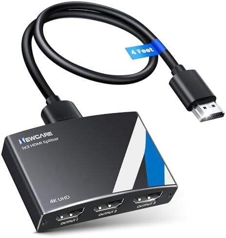 NEWCARE 4K HDMI Splitter 1 in 3 Out [with 4 FT Hdmi Cable and Power Adapter]-Not Support Extended Display, Aluminum Alloy 1×3 HDMI Splitter Support 4Kx2K,1080P,3D, DTS/Doby-TrueHD for Xbox PS5/4 Roku