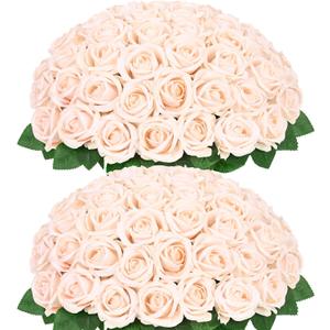 50 Pcs Champagne Roses Artificial Flowers, Real Touch Velvet Roses Bouquet Fake Flowers Bulk, Artificial Roses with Long Stems for Birthday Gift Women Mom DIY Bridal Wedding Centerpiece Decorations