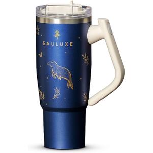 DriftFlow 40 oz Tumbler  180 Rotating Handle & Rotating Straw Lid, Double-Wall 18/8 Stainless Steel, Leak-Proof, Keeps Drinks Hot 13h/Cold 25h  Midnight Blue with 3D Gold Embossing