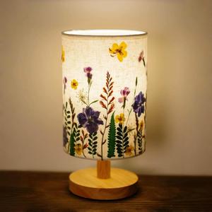 Dried Flowers Table Lamp, 7w Led 3-Color Pressed Floral Beside Lamp,Cute Vintage Linen Shade Desk Lamp for Bedroom Office with Wood Base