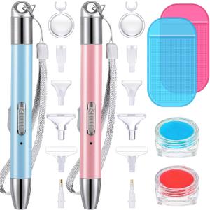 Chuangdi 2 Pcs Diamond Painting Art Drill Pen with Light Diamond Painting Accessories and Tools 12 Pen Heads 2 Anti-slip Mats 2 Wax Organizer Cases for DIY Craft Supplies(Blue, Pink)