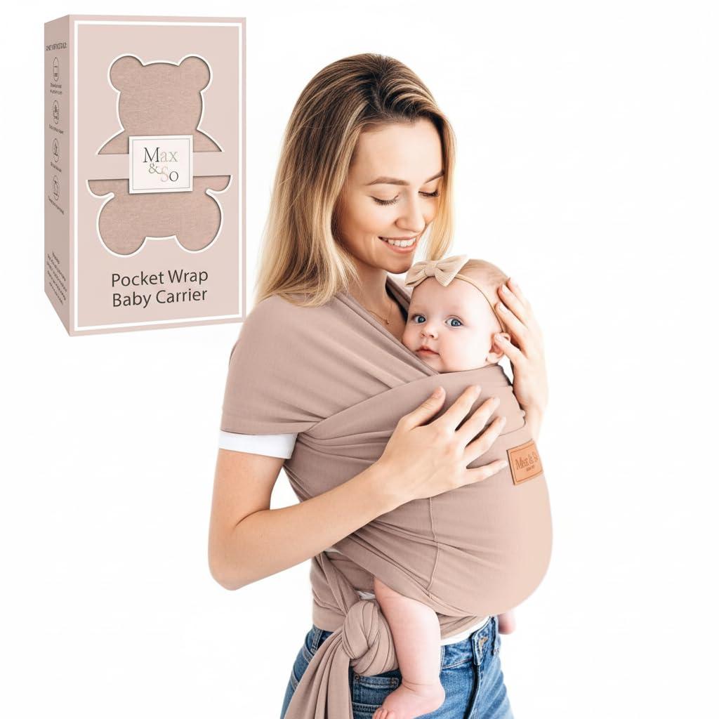 Baby Wrap Carrier - Premium Cotton Baby Carrier Wrap for Newborn to Toddler- Infant Carrier- Baby Holder One Size Fits All with Front Pocket(Beige) by Max&so (Sand)