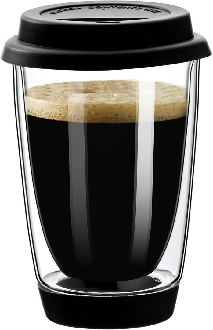 gegewawa Double Walled Glass Coffee Mugs, Glass Coffee Cugs with Silicone Lid 12OZ, Insulated Coffee Mug, Clear Coffee Mug for Travel/Kitchen(Black)
