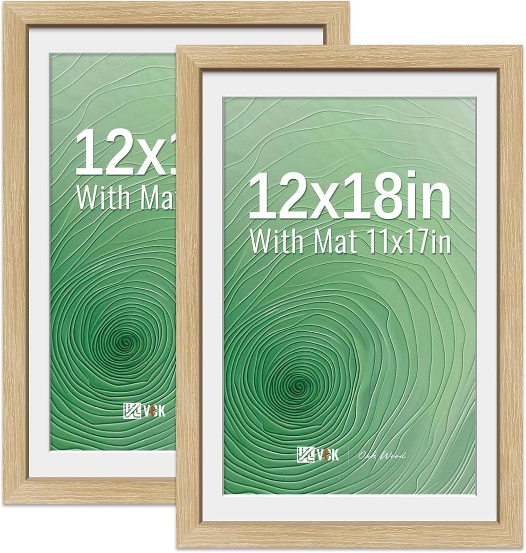 VCK 12x18 Picture Frame 2 Pack - Natural Oak, High-End Wood Poster Frames with Tempered Glass, Display 11x17 Photo with Mat or 12x18 without Mat, Art Gallery-Quality, Wall Hanging, Natural Oak