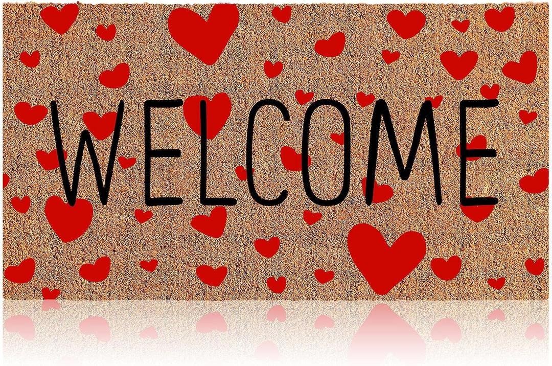 Ceenna Valentine's Day Coir Doormat Outdoor Indoor Valentine's Day Welcome Door Mat Red Heart Rug Non Slip Front Door Mat for Porch Entryway Decor Gifts, 16 x 28 Inches