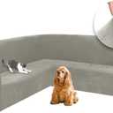 ALIECOM L Shape Couch Covers Velvet Stretch Sectional Corner Sofa Cover Washable Soft Thick U Shaped Sofa Slipcovers for Dogs Pets Magic Furniture Protector with Non Slip Foam (Khaki, X-Large)