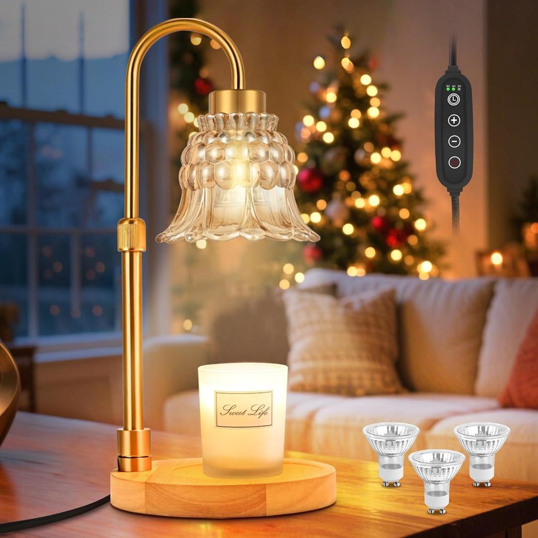 Candle Warmer Lamp with Timer & 3 Bulbs, Dimmable Electric CandleLight Adjustable Height and Brightness Candle Wax Warmer for Jar Candles Bedroom Home Decor House Warming Gift for Women (Amber)