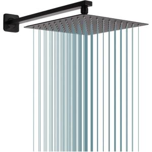 Rain Shower Head Black with Extension Arm 16 Inch Square Shower Head with 16 Inch Shower Arm Large Stainless Steel Rainfall Showerhead Matte Black Waterfall Full Body Coverage by GGStudy